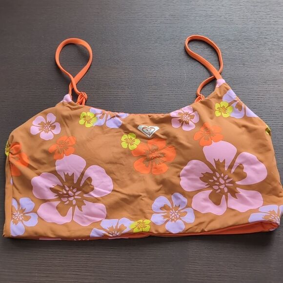 Roxy x Kate Bosworth scoop neck reversible floral tan orange bikini top M nwot - Picture 3 of 8